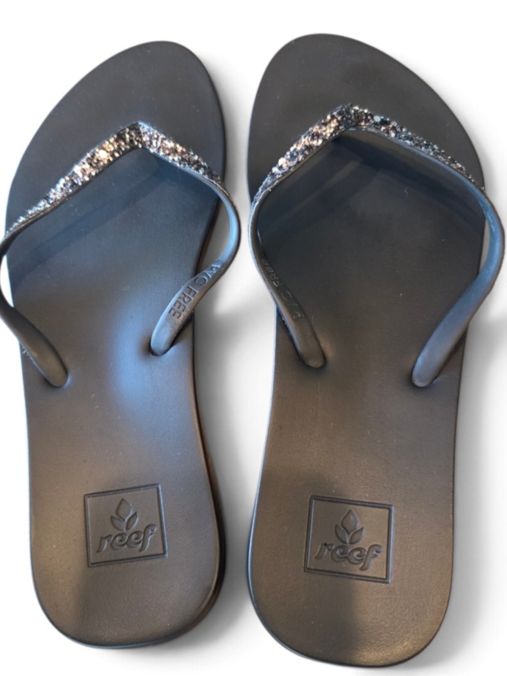REEF Cushion Stargazer Sandals Size 6/7 Sparkle Black Comfortable Shoe Flip Flop